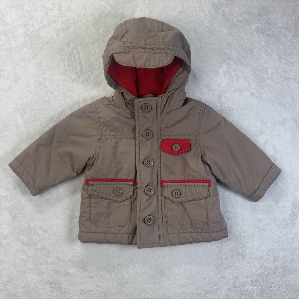 Old Navy Boys Baby Infant 3-6 Months Khaki Red Puffer Coat Hooded Winter Jacket